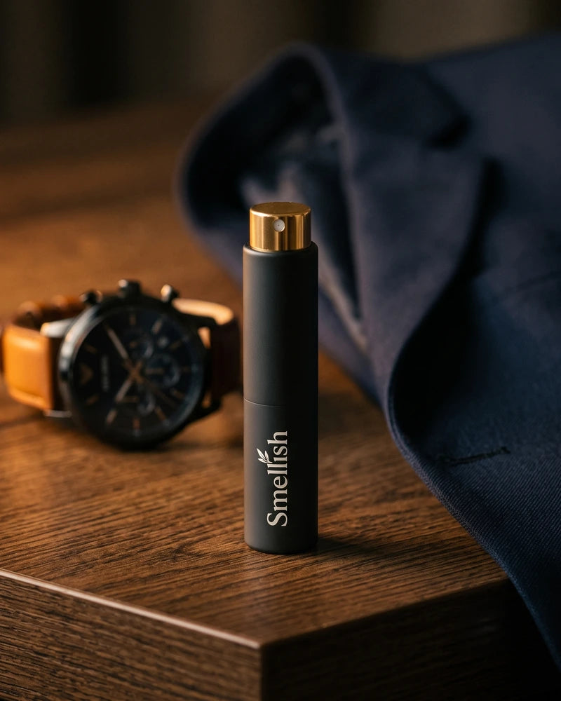 Smellish twist-up parfum in charcoal-zwart op donker eiken met een horloge