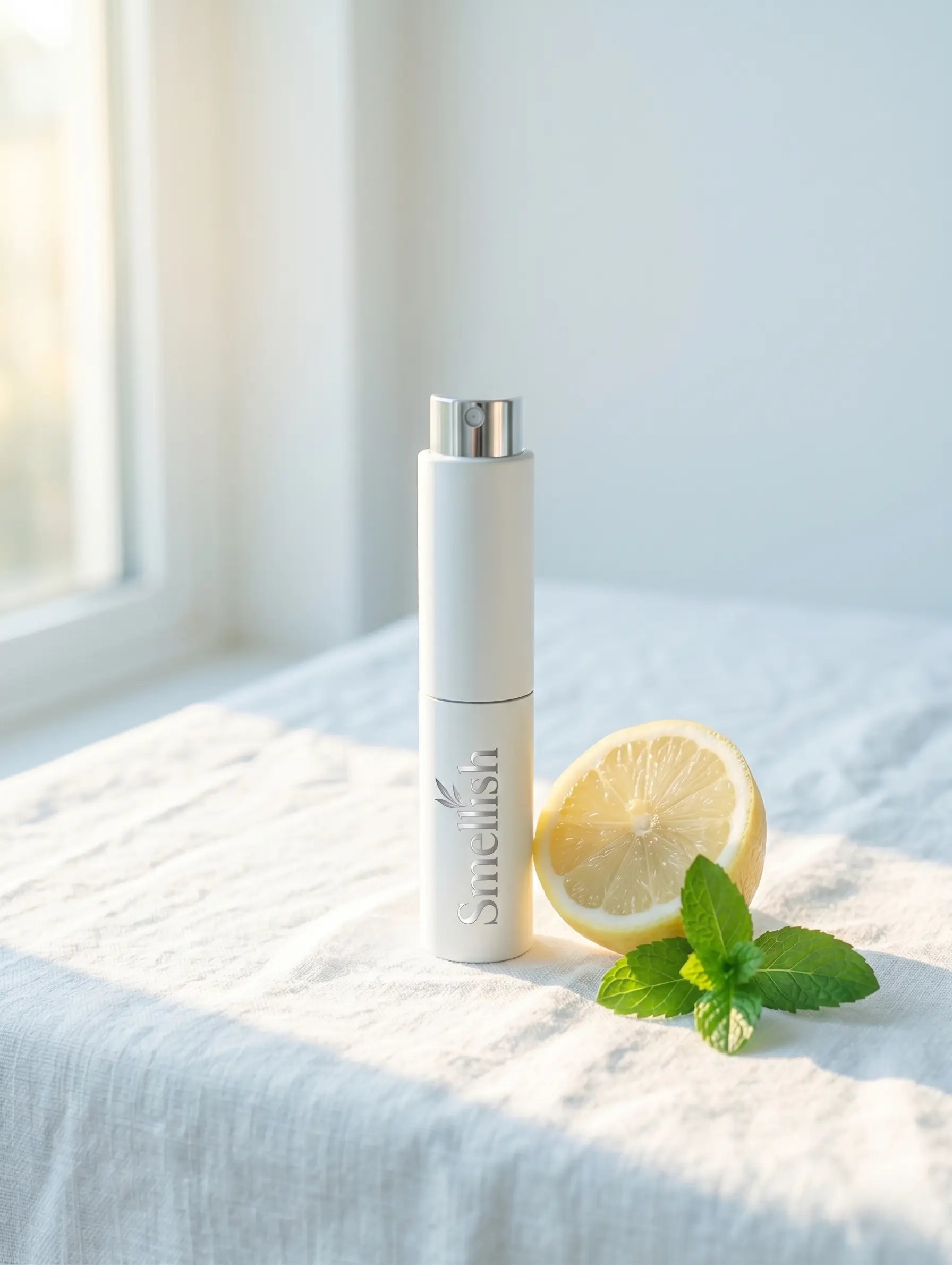 Smellish twist-up parfum op witte kaptafel met zomers ochtendlicht