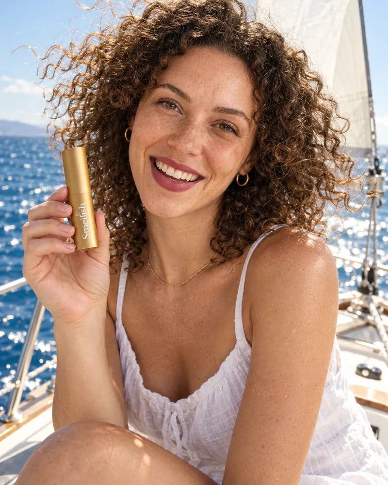 Lachende vrouw met krullen houdt een gouden Smellish twist-up vast op een zeilboot in de zomerzon
