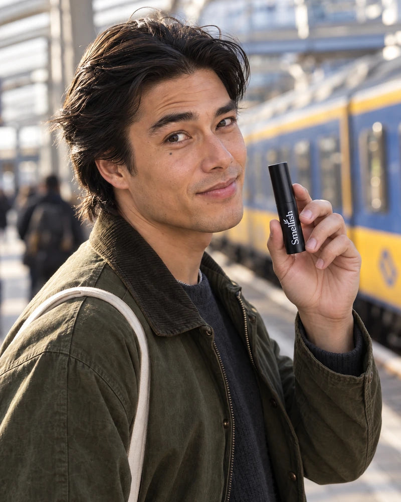 Man op een treinperron houdt een zwarte Smellish twist-up omhoog