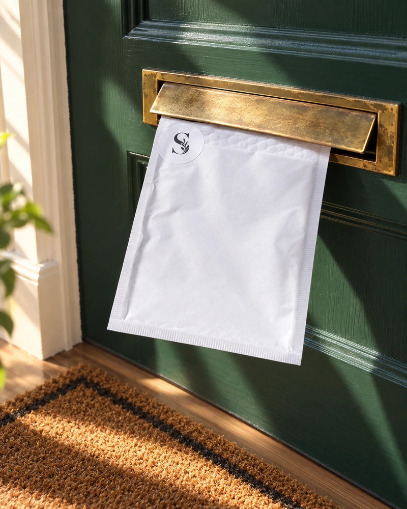 Witte gewatteerde Smellish-envelop met S-sticker komt door de brievenbus van een groene voordeur